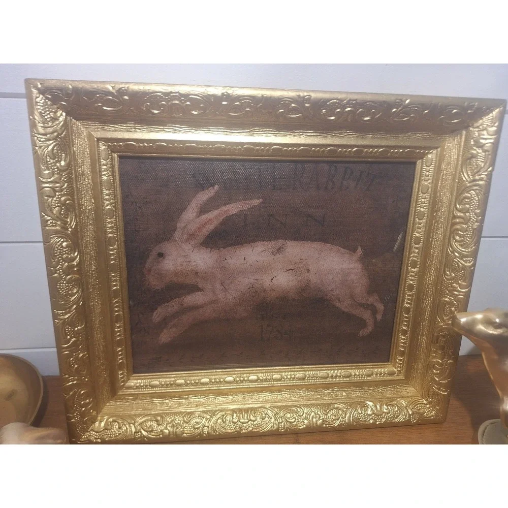 Vintage ornate gold wood frame with new canvas white rabbit print